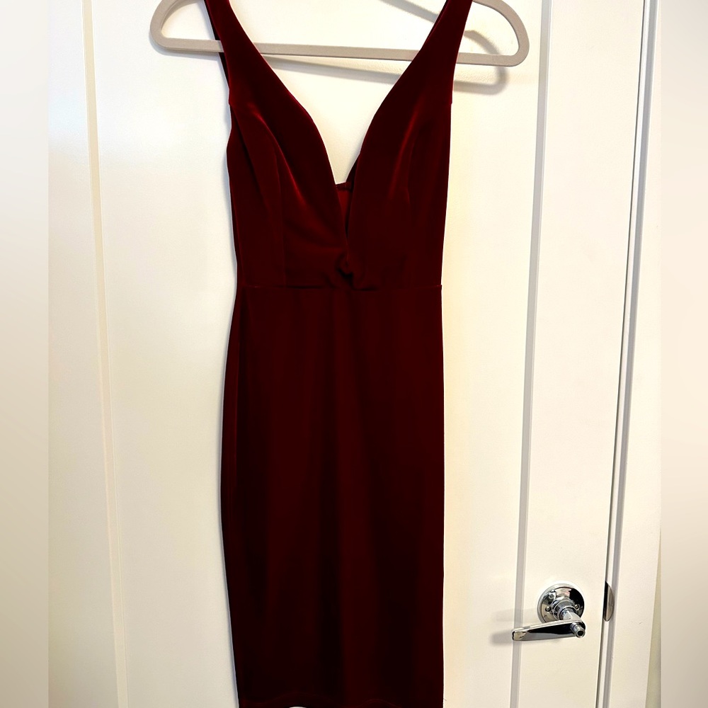RED Velvet holiday dress midi length and plunging neckline, size small